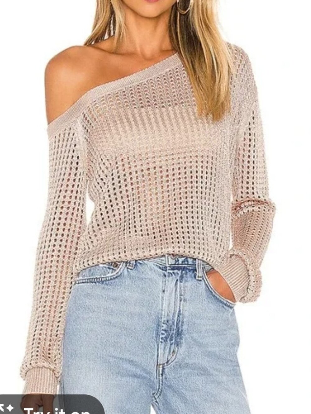 LPA Leo Sweater Rose Gold Metallic Open Knit Crochet Boat Neck Womens Small NWT
